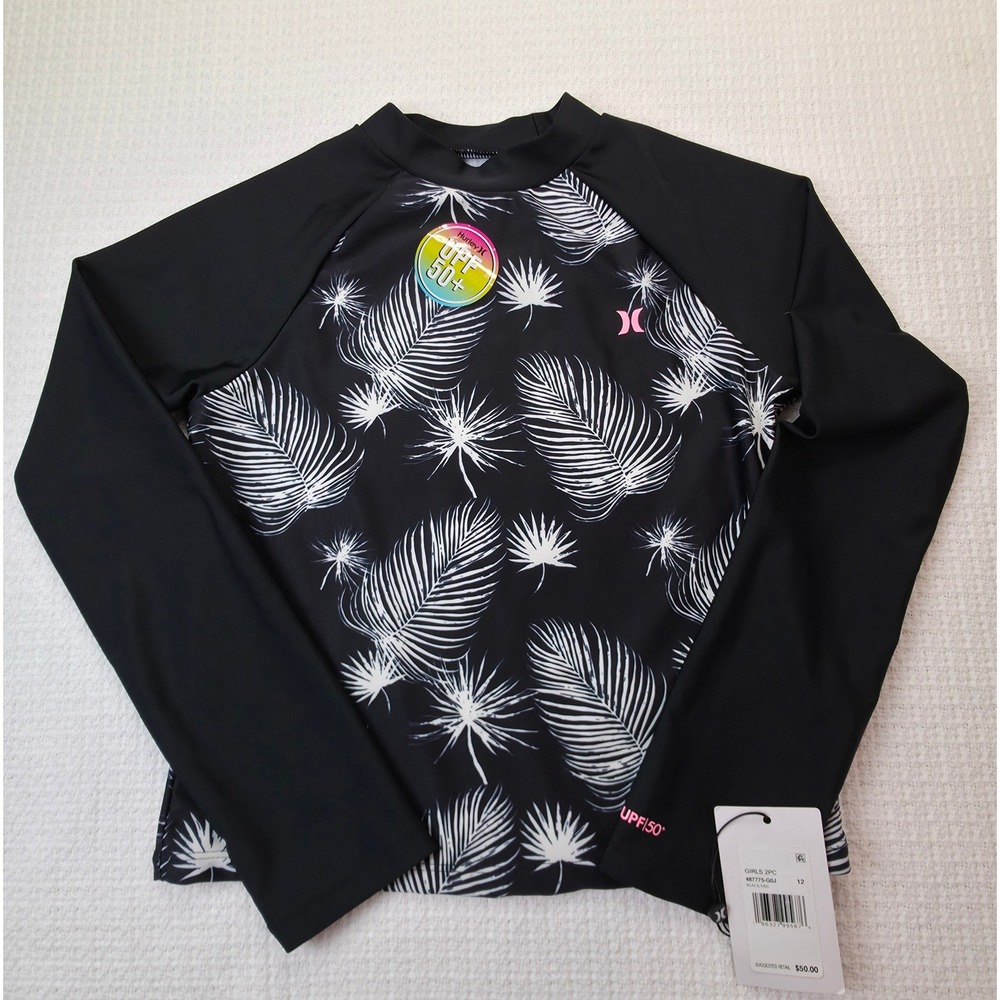 Hurley Rash Guard Girls Size 12 Black Sail New Tropical Long Sleeve UPF 50+ Top